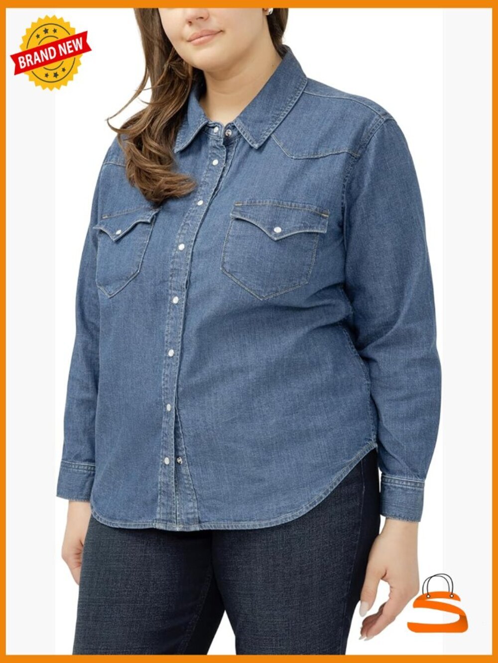 Plus Size Western Denim Button Down Shirt Snap Front Flap Pockets
